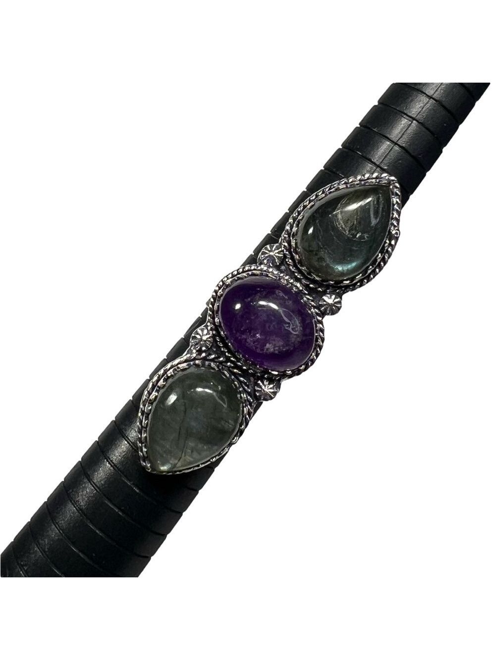 Labradorite Amethyst 925 Triple Stone Gemstone Silver Ring 8.75